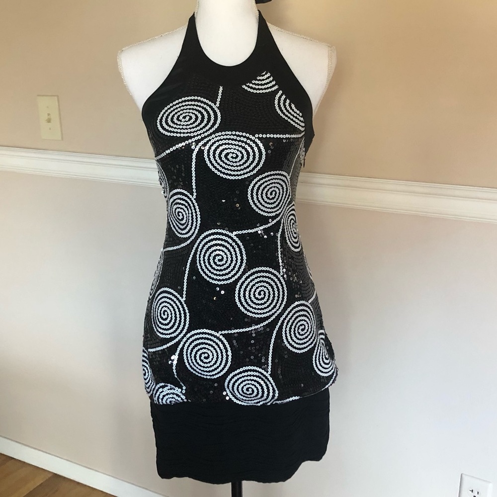 Cache Black & White Swirl Sequin Halter Dress - image 1